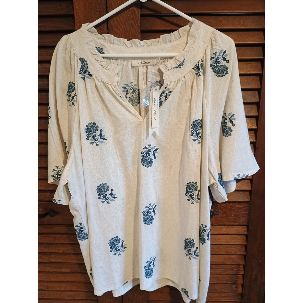 NWT Solitaire Top Womens 3X Boho Artsy Peasant Blouse Beige W Blue Flowers
